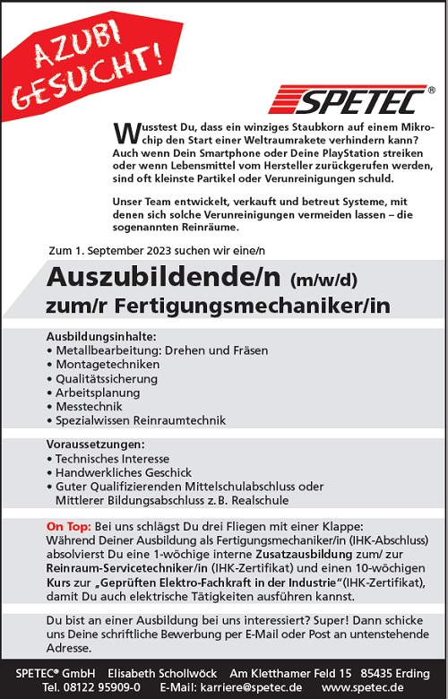 Ausbildung Fertigungsmechaniker 2023