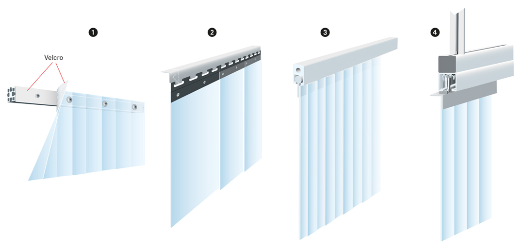 Clean room strip curtain with different hanger systems