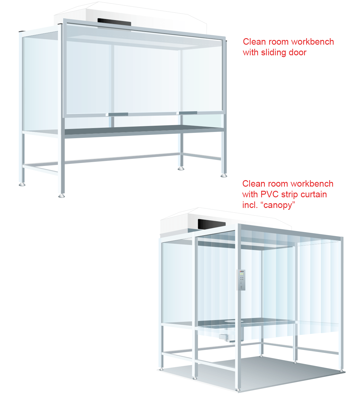 Clean room workbench with sliding door or strip curtain as canopy